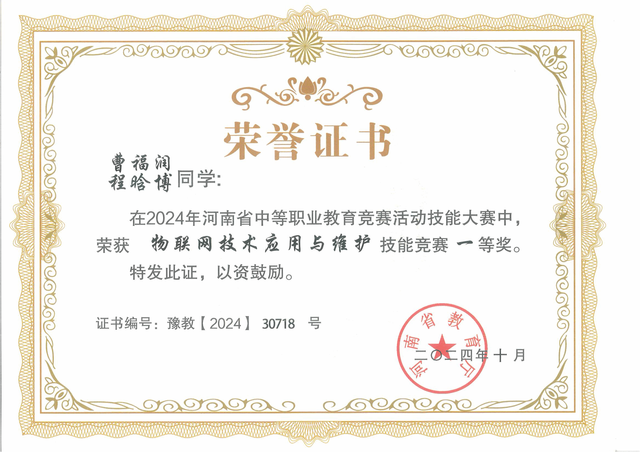 物联网技术应用与维护赛项获奖证书展示-河南省2024年中等职业教育技能大赛